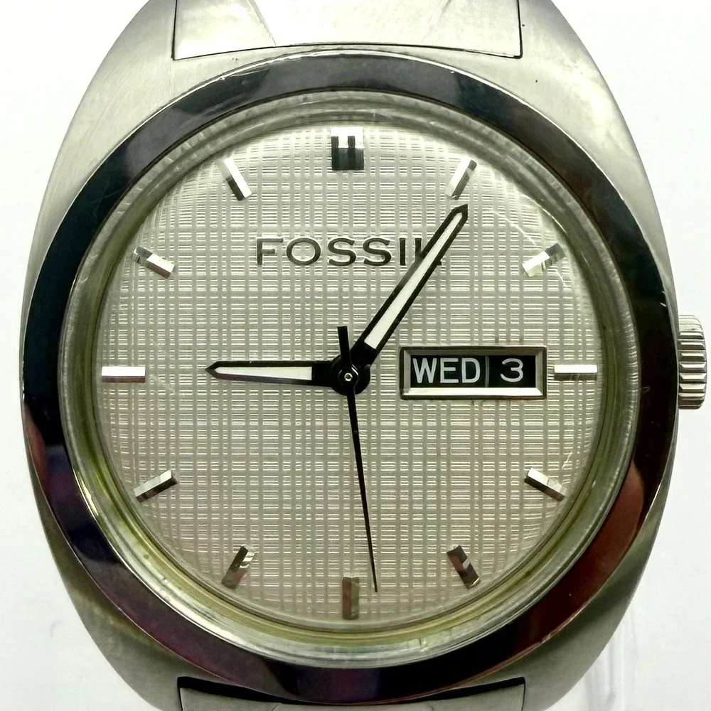 Fossil FS4053 Stainless Steel 40mm Day Date Silver Dial Mens Watch 50M new‎ batt